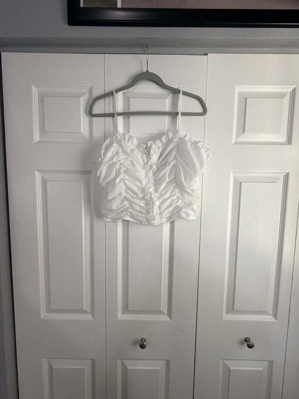 PRETTYLITTLETHING White Ruched Ruffle Crop Top with Zip Back